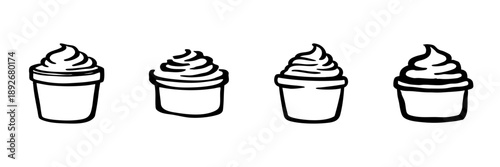 Four Ice Cream Cup Icons In Hand Drawn Style Set. Dessert, Sweet Treat, Frozen Yogurt Doodle Sketch Collection. Confectionery And Snack Illustration. Isolated Vector Illustration