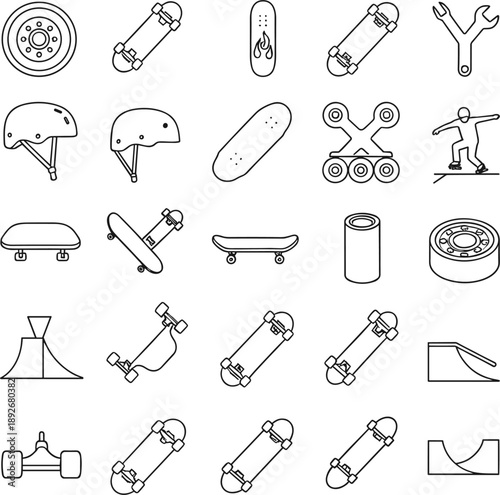 Extensive collection of black line vector icons featuring skateboards helmets ramps and skateboarding equipment।