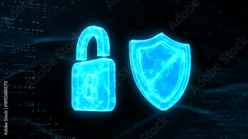 Cybersecurity Protection - Animated Digital Lock and Shield Symbolizing Security.