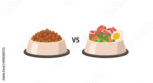 Side by Side Comparison of Dry Pellets and Fresh Healthy Pet Food Bowls.