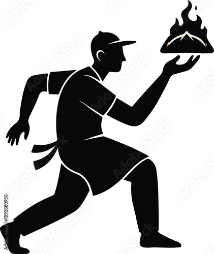 A running silhouette of a chef or vendor in a cap and apron, carrying a flaming dish, depicted in a modern, stylized graphic.