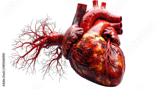 A detailed, realistic 3D rendering of the human heart against a black background.