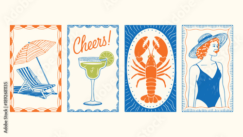 Vintage Summer Vacation Illustration Set Featuring Beach, Cocktail, Lobster, and Coastal Fashion.