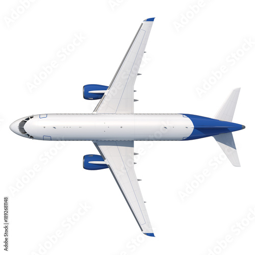 Top view of a modern white passenger jet airplane with blue engine nacelles and tail
