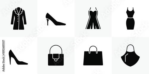 Collection of Minimalist Fashion and Retail Shopping Icon Silhouettes.