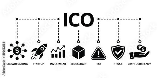 Initial Coin Offering (ICO) Cryptocurrency Investment and Blockchain Ecosystem Flowchart.