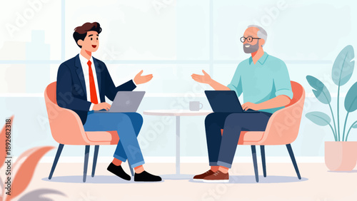 Two men are sitting at a table, one of them is wearing a suit and tie. They are talking to each other and using laptops. Scene is professional and serious