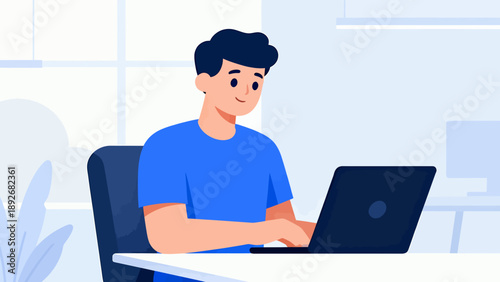 A man is sitting at a desk with a laptop in front of him. He is smiling and he is enjoying his work
