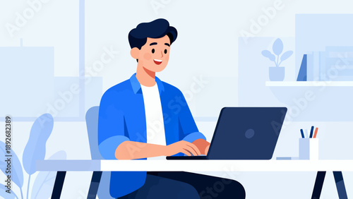 A man is sitting at a desk with a laptop in front of him. He is smiling and he is enjoying his work. Concept of productivity and positivity