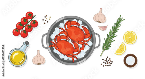Two Cooked Red Crabs in a Pot with Tomatoes Garlic Rosemary and Lemon.