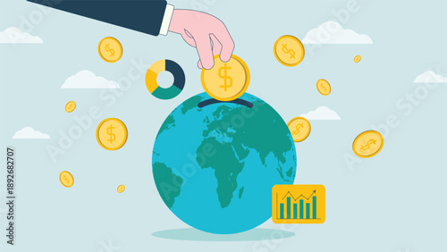 Modern global finance illustration showing money investment savings and economic growth with world economy concept suitable for business banking fintech marketing and finance projects