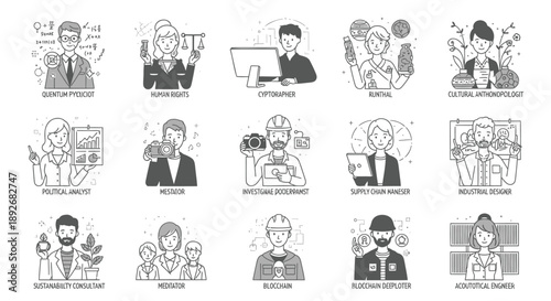 Business professionals engaged in various activities with coworkers and technology