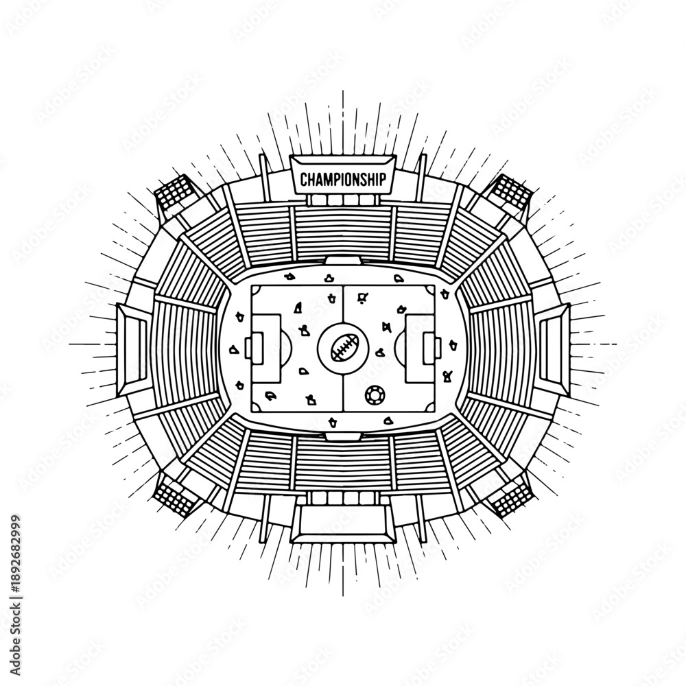 Obraz premium Overhead line art illustration of a sports stadium with a championship banner, featuring a football field and rugby ball