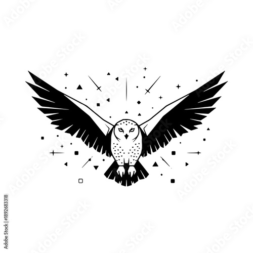 Majestic flying owl illustration in black and white with magical starry elements. Symbolic nocturnal bird soaring.