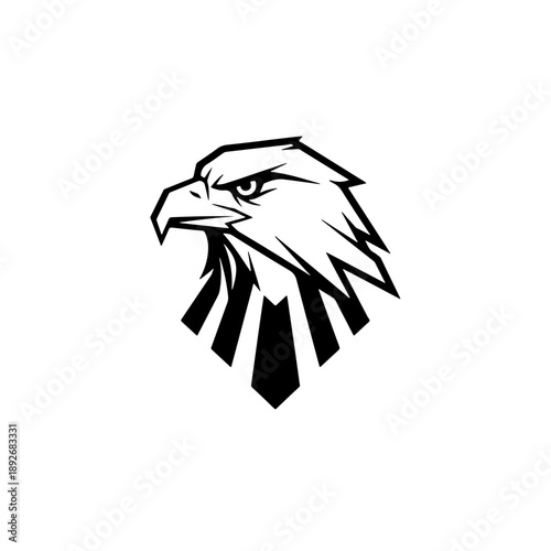Powerful eagle head vector illustration. Majestic bird of prey graphic design for mascot, emblem, logo, or icon. Stylized black and white art.