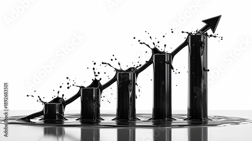 A sleek, 3D bar chart made of crude oil liquid, with splashes jumping off the rising columns and an upward-pointing arrow indicating growth against a white background.