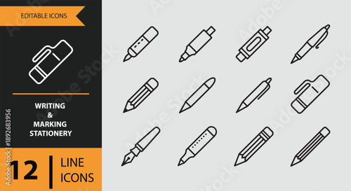 A set of 12 editable line icons representing various writing and marking stationery items for design projects