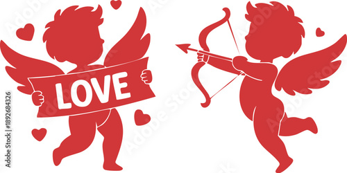 Cupid with Bow and Love Sign Illustration, Valentine’s Day Cherub Silhouettes, Red Cupid Love Banners, vector, illustration, silhouette