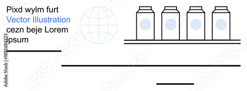 Packaging design, minimalism, global trade, branding, product placement, graphic design. A shelf with jars, text and a globe symbol. Packaging design and global trade concept