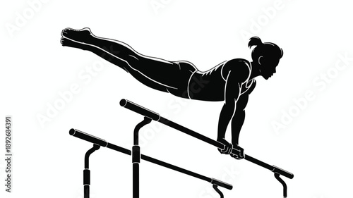 Artistic Silhouette of a Female Gymnast Performing a Parallel Bars Routine.