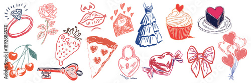 Valentines day hand drawn doodle icon set with hearts gifts desserts flowers and romantic symbols