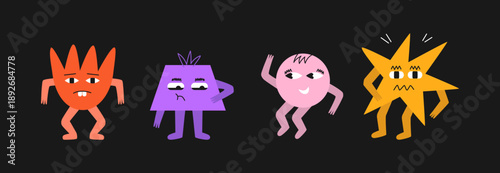 Cute character shape with funny expression. Set of abstract characters flower, tropezia, circle, star. Cartoon isolated vector illustration.