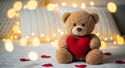 Soft Brown Teddy Bear Holding Red Heart Knit Sitting on Bed with Warm Fairy Lights Background
