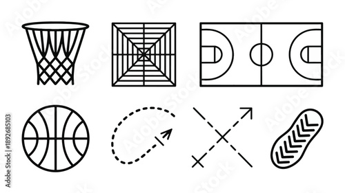 Comprehensive Minimalist Basketball Sports Equipment and Strategic Play Outline Icons.