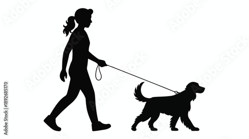 Silhouette of a Woman Walking a Dog on a Leash for Daily Exercise and Companionship.