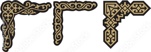Vector Kazakh gold with black national ornament, Ethnic pattern of the Turkic peoples. Drawing of nomads. Yurt decoration. Frame, vignette of the page.
