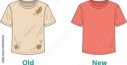 Foto Cartoon, illustration, of, an, old, dirty, stained, t-shirt, compared, to, a, new, clean, pink, shirt, teaching, opposites, and, clothing, hygiene