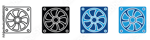 Computer fan icon set.  Fan icon for air cooling and ventilation in computer. Cooling system, ventilator, air cooler, ventilation, cooling fan for electric devices. Vector illustration.