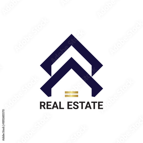 elegant, minimalist logo with chevron shapes forming a roofline. navy blue paired with a refined gold "equal" element creates a high-end, boutique feel suitable on house for sale