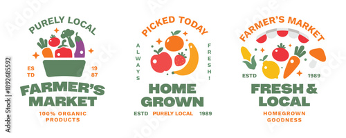 Farmer's Market badges, logos, stickers collection with vegetables and fruits.