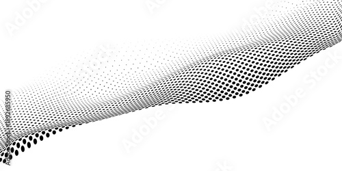 Flowing dots particles wave pattern 3D curve halftone black gradient curve shape isolated on white background. Vector in concept of technology, science, music, modern vector wave.eps 10