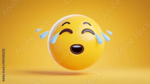 A 3D animated laughing emoji with tears of joy on a vibrant yellow background, conveying a playful and humorous mood with a shallow depth of field.