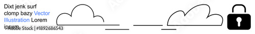 Data protection, cybersecurity, online storage, backup solutions, digital safety, IT systems. Lock icon with clouds and lines. Data protection and cybersecurity visualization