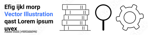 Education, data analysis, research, information processing, knowledge discovery, system optimization. Stack of books, magnifying glass gear icons. Education and data analysis concept