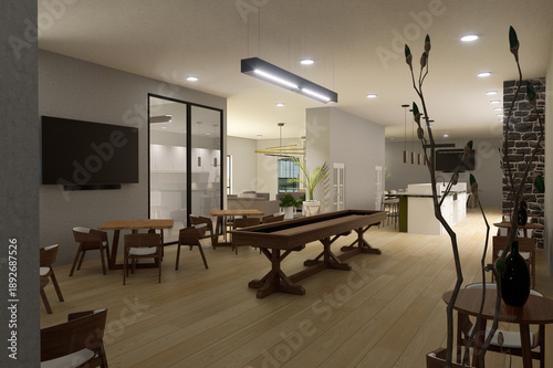 Modern Clubhouse Interior with Shuffleboard and Lounge Area, 3D Render Architectural Visualization