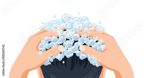 Person Washing Dark Hair with Shampoo Creating Rich White Lather and Soap Bubbles for Hair Care Routine