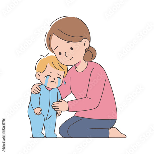 Mother comforting crying child, kneeling beside them, vector illustration