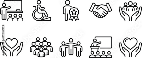 Set of 10 vector line icons for community support and accessibility