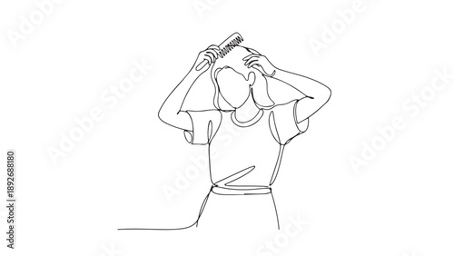 Minimalist continuous line art of a woman brushing her hair, symbolizing daily beauty routine, self-care, and personal grooming habits