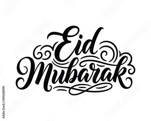 Eid mubarak vector lettering with floral flourish and decorative scroll elements