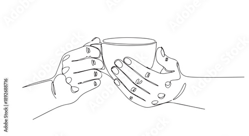 Continuous line drawing of hands holding a warm cup of coffee, symbolizing comfort and a moment of peace