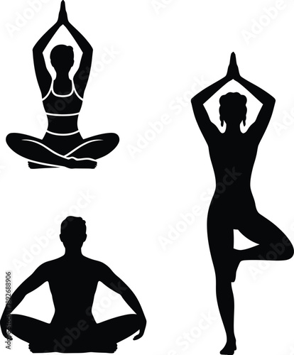 Black silhouettes of men and women performing fitness yoga dance and gymnastics poses