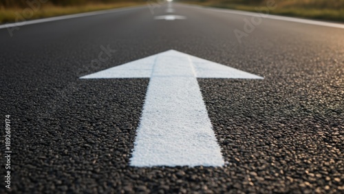 A bold white arrow painted on the asphalt road pointing forward to indicate the direction ahead.
