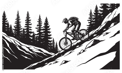 Mountain biker riding downhill on a steep, rocky trail through a forest.