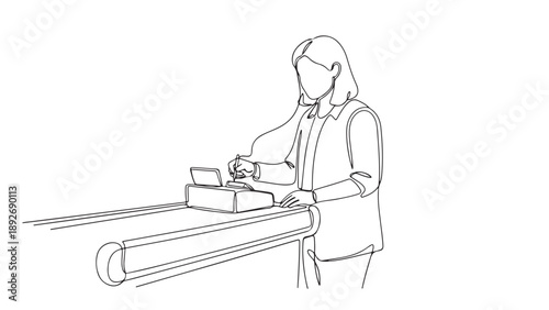 Line art drawing of a cashier operating a modern point of sale system, illustrating a seamless retail transaction process and customer service
