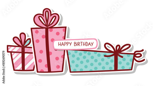 Colorful illustration of gifts with happy birthday message for celebration